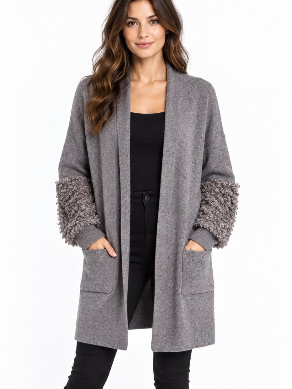 Frank Lyman Grey Open Front Cardigan Faux Fur Sleeves Size Large
